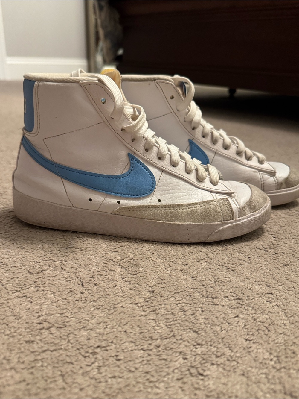 Nike Blazer High-Top Sneakers with Light Blue Swoosh - White womens size US7